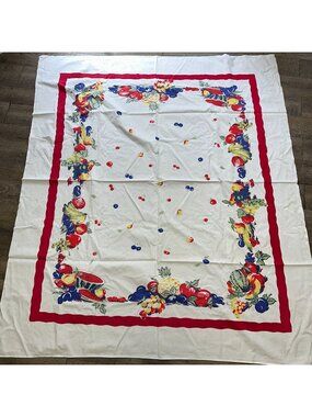 Vintage 1950s Wilendur Tablecloth Red Blue Fruit Watermelon Pineapple Cherries
